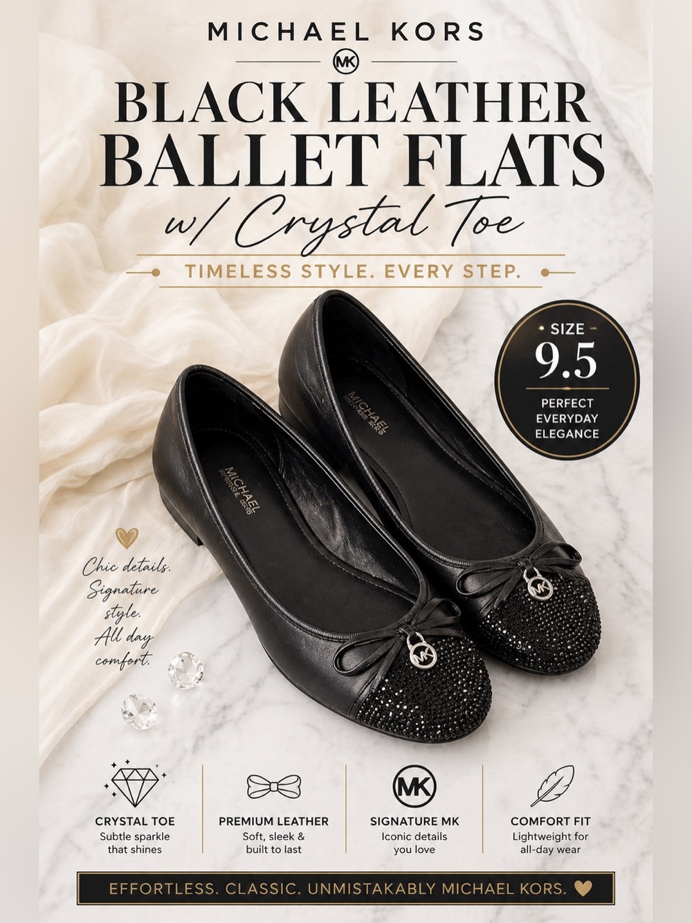 Michael Kors Black Leather Ballet Flats w/ Crystal Toe – Size 9.5